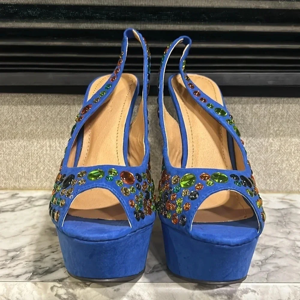 Liliana Women’s Phoebe 2 Heels Rhinestone Peep Toe Platform Slingback‎ Pumps NIB